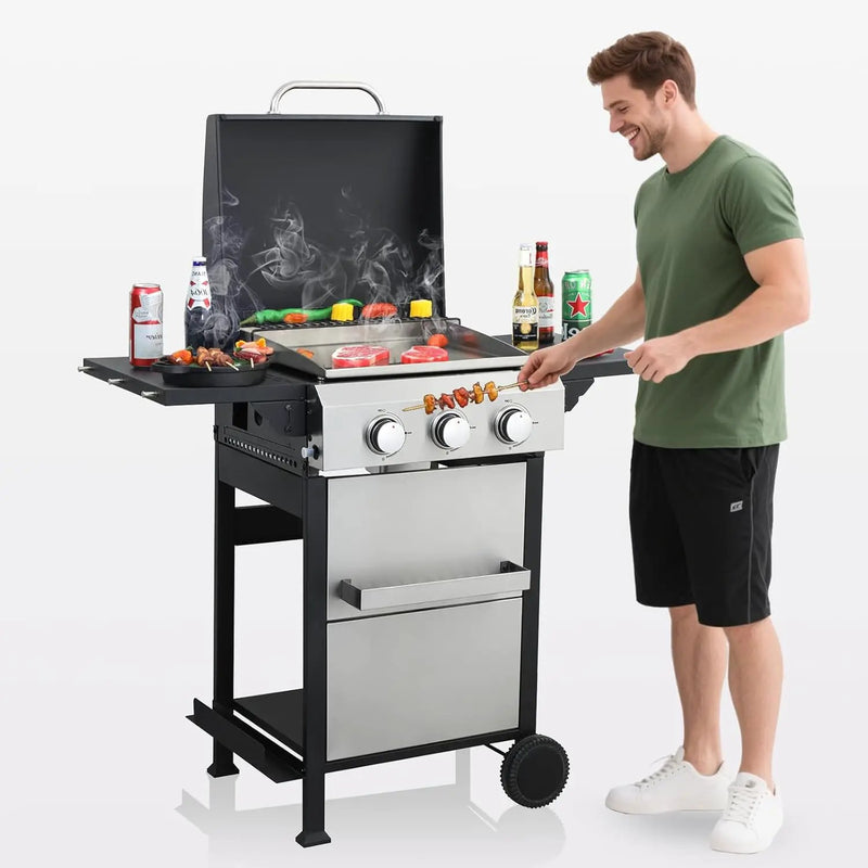 3-Burner Propane Gas BBQ Grill with Porcelain-Enameled Cast Iron Grates, Baking Sheet, 2 Foldable Side Table, 36,900 BTU Stainless Steel Grill for Outdoor Camping Barbecue Grilling Backyard Cooking by GreenHaven Gardens