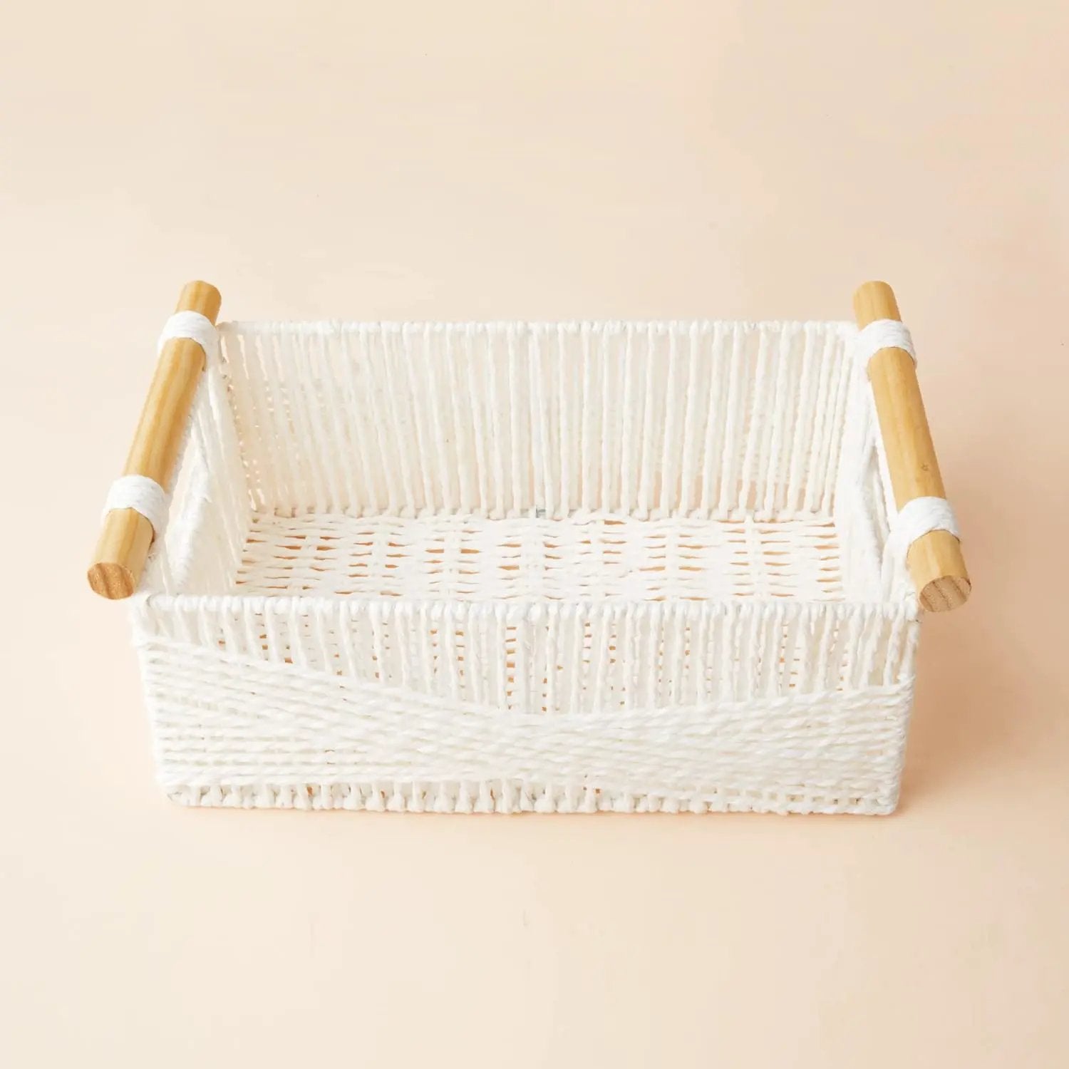 LA JOLIE MUSE Wicker Storage Baskets for Organizing, Recyclable Paper Rope Basket with Wood Handles, Decorative Hand Woven Basket Organizers for Makeup Books Shelves Living Room, White, Set of 2 by GreenHaven Gardens
