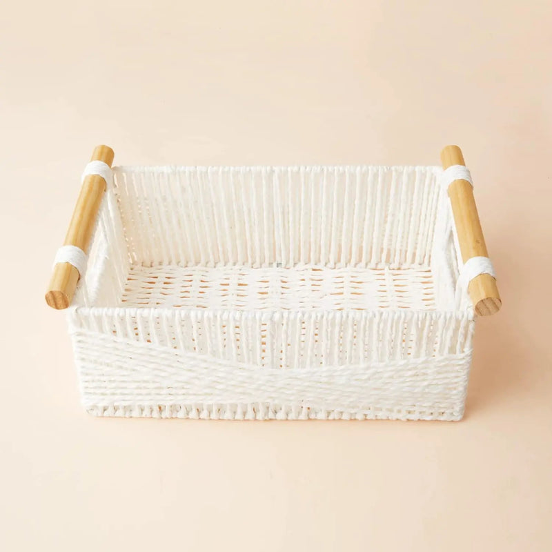 LA JOLIE MUSE Wicker Storage Baskets for Organizing, Recyclable Paper Rope Basket with Wood Handles, Decorative Hand Woven Basket Organizers for Makeup Books Shelves Living Room, White, Set of 2 by GreenHaven Gardens
