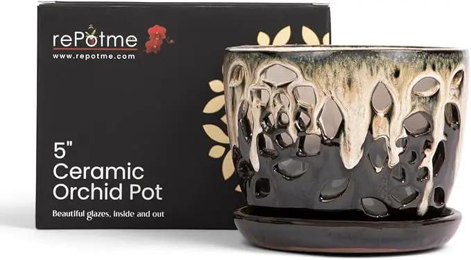 rePotme 5 inch Floral Cutout Ceramic Orchid Pot (Honey Cream Over Coffee) by GreenHaven Gardens