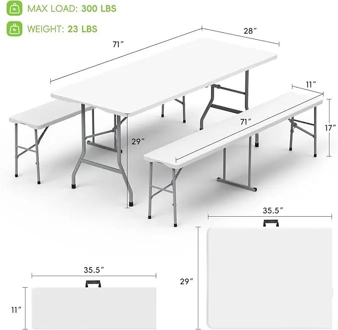 HLPB Folding Table Picnic Table Set, 6 ft Camping Table with 2 Benches, Outdoor Indoor Portable Folding Furniture for Working Meeting Party, Camping, Picnic, Weddings w/Handle and Safety Locks, White by GreenHaven Gardens