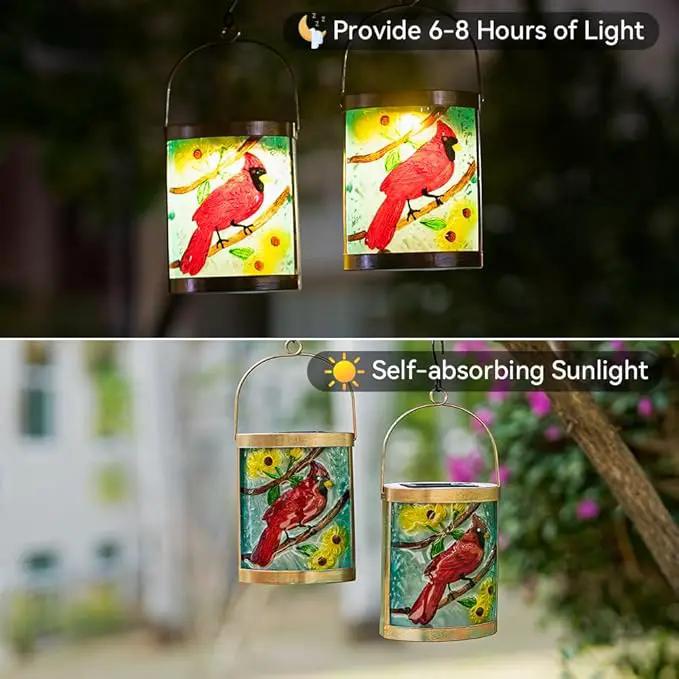 Starsoul 2 Pack Hanging Solar Lantern Outdoor Waterproof Glass Red Cardinal Decorative Solar Lights for Outside Garden Yard Table Patio Decor Cardinal Gifts by GreenHaven Gardens