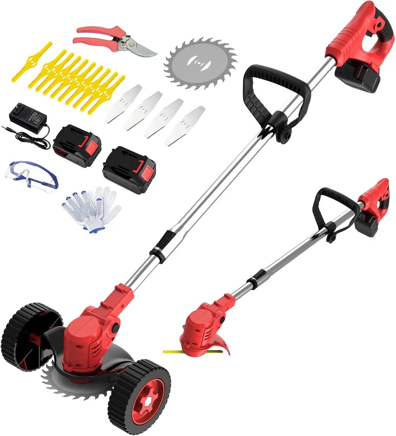 Cordless Weed Wacker Eater Battery Powered, 21V Electric Weed Trimmer with 2 Battery Operated & Charger & Wheels & Shears, 3 in 1 Lightweight No-String Grass Trimmer/Brush Cutter/Lawn Edger for Garden by GreenHaven Gardens