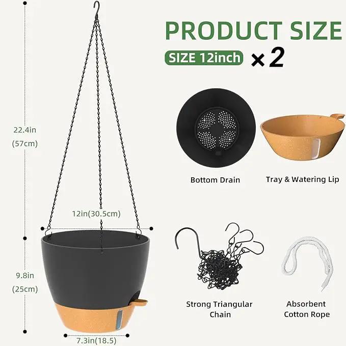ZMTECH 12 Inch Hanging Planters for Indoor Outdoor Plants, 2 Pack Self Watering Hanging Plant Pots with Drainage Hole, Visual Reservoir, Plastic Flower Hanging Pots with Watering Lip (Black) by GreenHaven Gardens