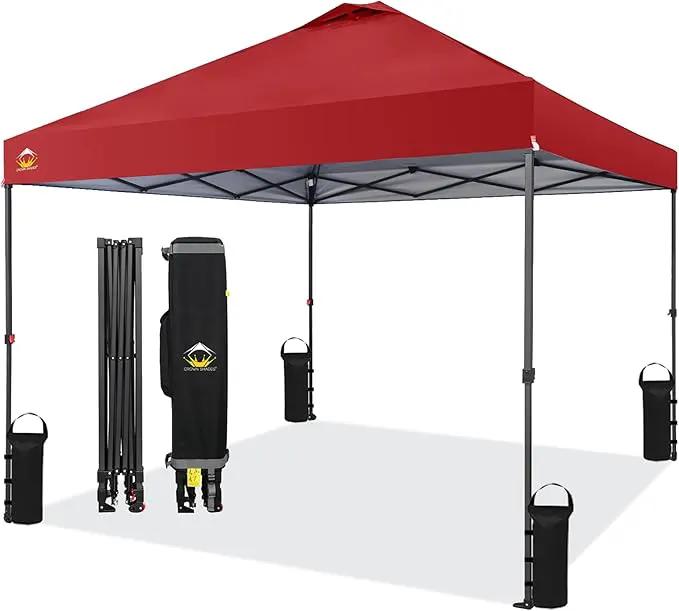 CROWN SHADES 10x10 Pop Up Canopy Tent - Patented Center Lock One Push Instant Outdoor Canopy Beach Tent with STO-N-Go Bag 8 Stakes & 4 Sand Bags，Red by GreenHaven Gardens