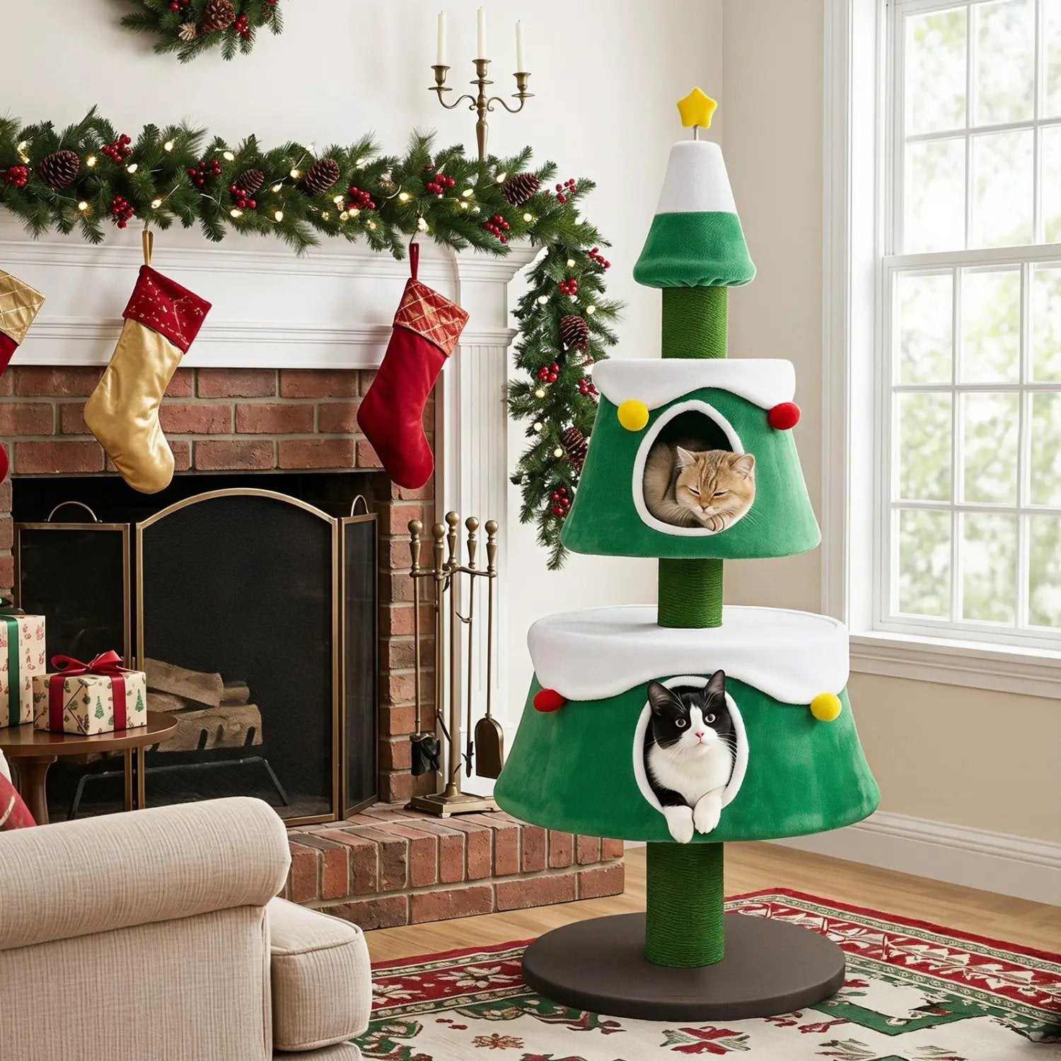 61.5" Christmas Tree Cat Tower with 2 Condos & Scratching Posts by DirectDeals