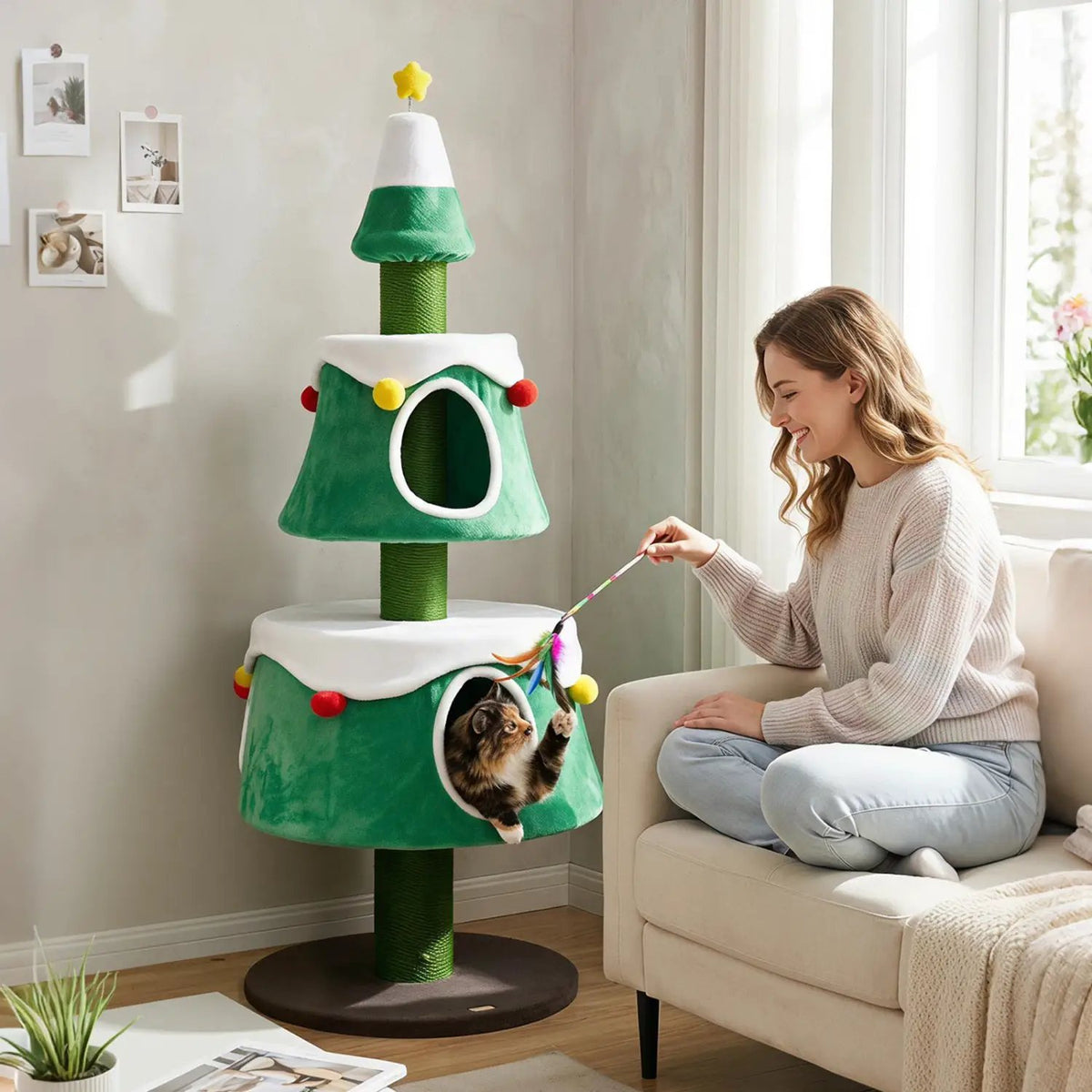 61.5" Christmas Tree Cat Tower with 2 Condos & Scratching Posts by DirectDeals