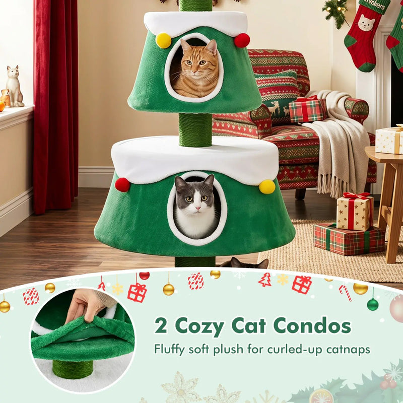 61.5" Christmas Tree Cat Tower with 2 Condos & Scratching Posts by DirectDeals