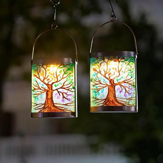 Starsoul 2 Pack Hanging Solar Lantern Outdoor Waterproof Glass Tree of Life Decorative Solar Lights for Outside Garden Yard Table Patio Decor by GreenHaven Gardens
