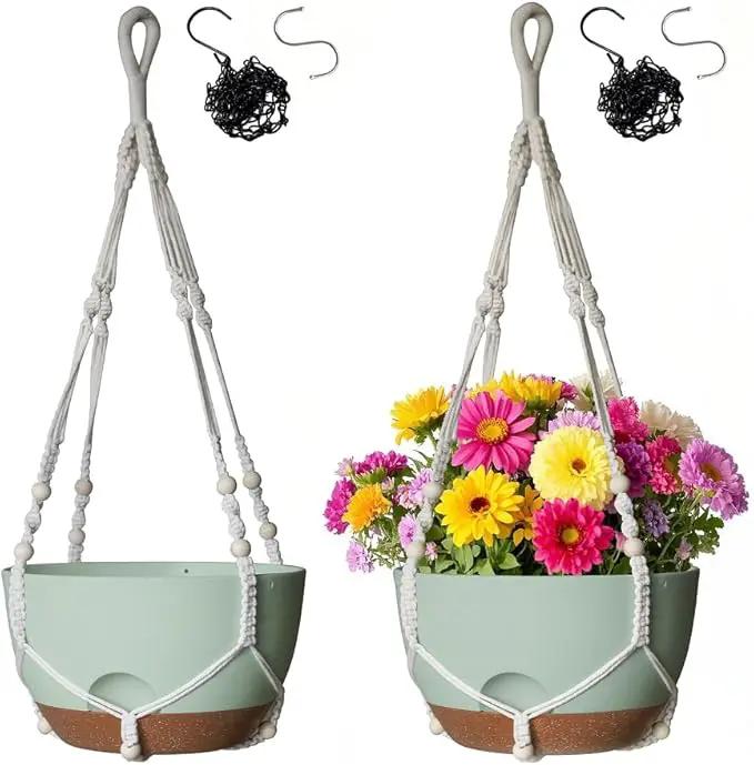 12 Inch Hanging Baskets for Plants Outdoor, Hanging Planters for Indoor Outdoor Plants, Hanging Planter with Self Watering, Hanging Flower Pots (Green Planter with Macrame + Iron Hangers) by GreenHaven Gardens