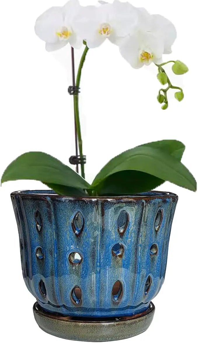 6 inch Round Ceramic Orchid Pot with Holes Orchid Planter (Dark Blue) by GreenHaven Gardens