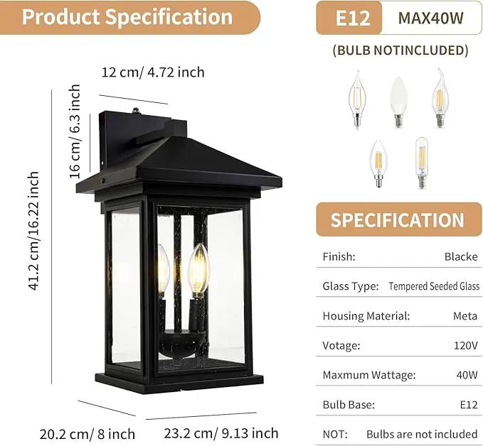 Dusk to Dawn Outdoor Wall Lantern, Exterior Wall Sconce Fixture with Tempered Clear Seeded Glass, Matte Black Finish for Outdoors (Large Wall Mount) by GreenHaven Gardens