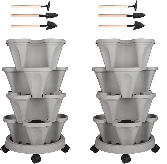 Vertical Planter 4 Tier Stackable Planters Garden Planters Strawberry Herb Flower and Vegetable Planter Indoor Outdoor Gardening Pots with Removable Wheels and Tools 2-Pack by GreenHaven Gardens