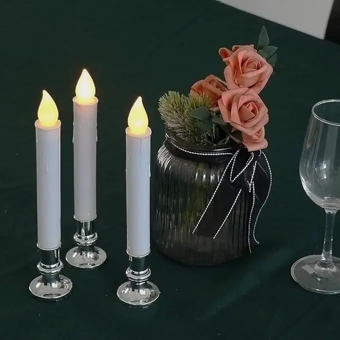 DRomance 9" Flameless Window Taper Candles Battery Operated with 8-Key Remote and Timer, 4 Pack White Christmas Holdiay Window Candles with Silver Holders, Suction Cups and AA Batteries Included by GreenHaven Gardens