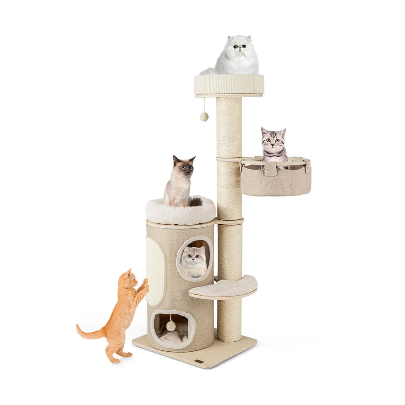 61 Inches Cat Tree for Indoor Cats with 2-stoery Condo and Top Perch-Natural by DirectDeals