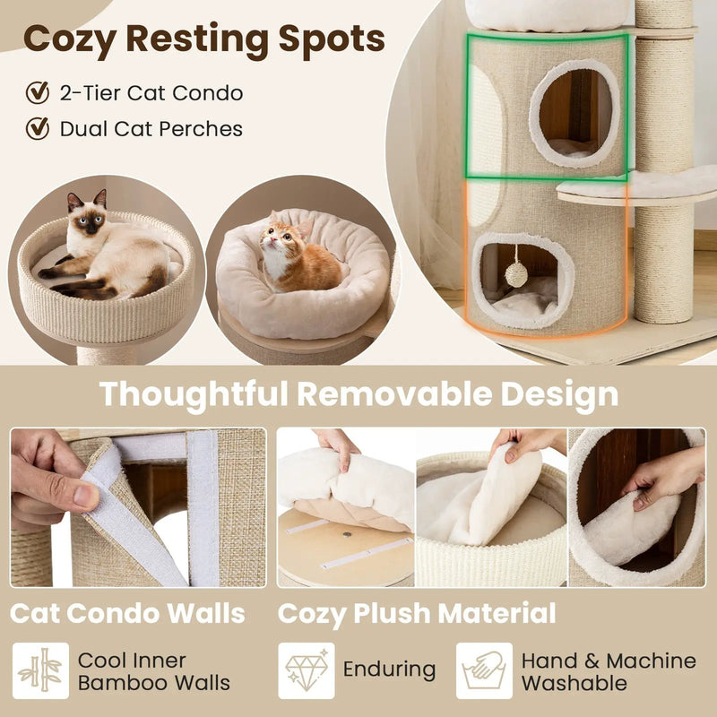 61 Inches Cat Tree for Indoor Cats with 2-stoery Condo and Top Perch-Natural by DirectDeals