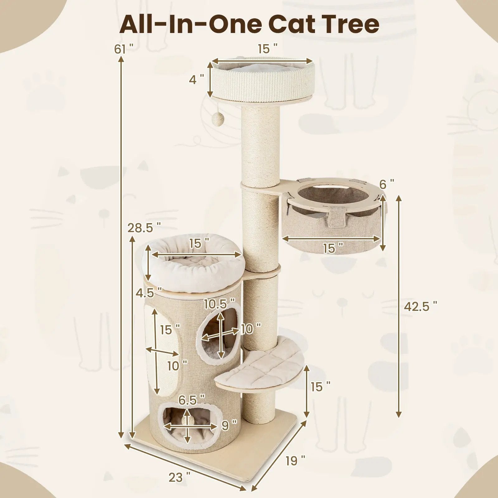 61 Inches Cat Tree for Indoor Cats with 2-stoery Condo and Top Perch-Natural by DirectDeals