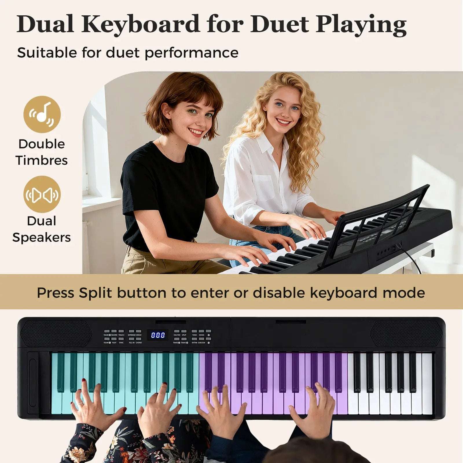 61-Key Foldable Piano Keyboard Full-size Electronic Keyboard with MIDI and Split Function by DirectDeals