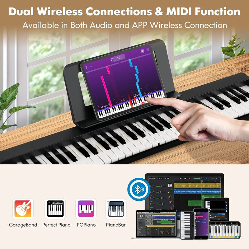61-Key Folding Piano Keyboard with Full Size Keys and Music Stand-Black by DirectDeals