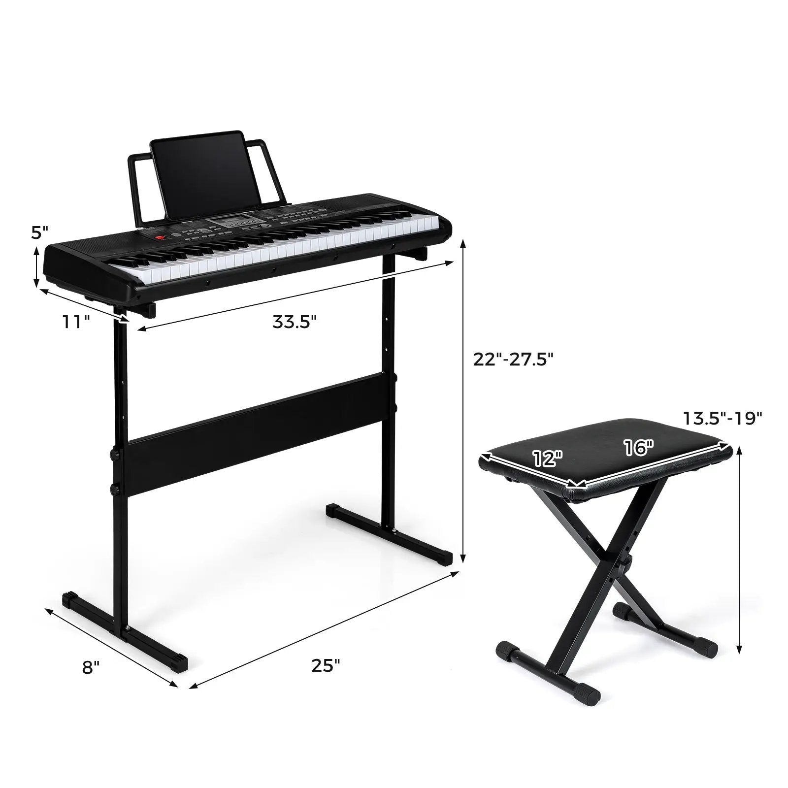 61 Keys Beginners Piano Keyboard Electric Keyboard Kit with Adjustable Stand and Stool-Black by DirectDeals
