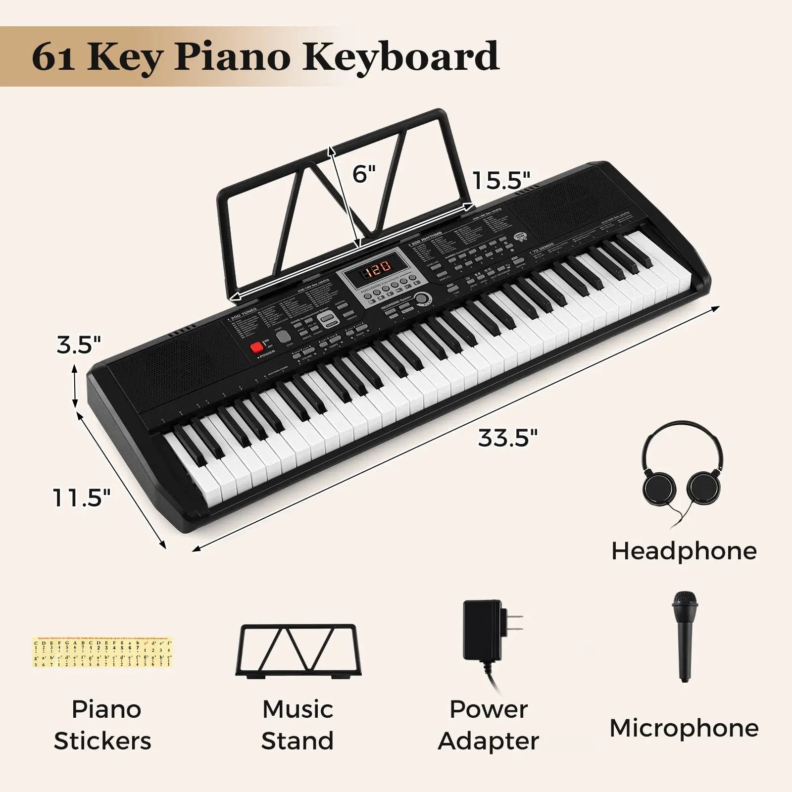 61 Keys Portable Keyboard for Beginners Electric Piano Keyboard Kit with 200 Rhythms and 200 Tones-Black by DirectDeals