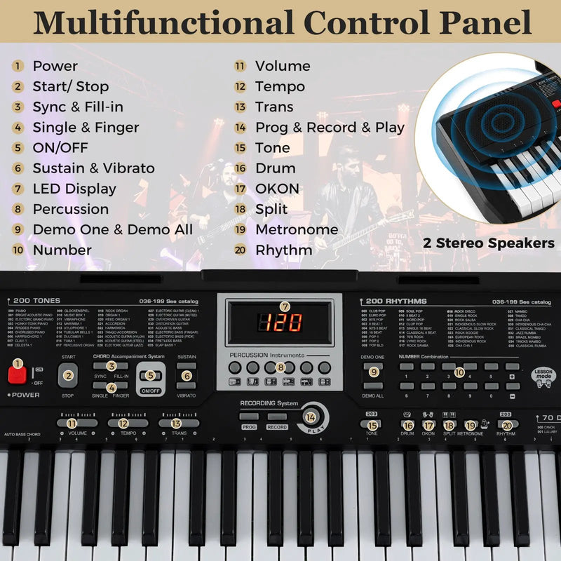 61 Keys Portable Keyboard for Beginners Electric Piano Keyboard Kit with 200 Rhythms and 200 Tones-Black by DirectDeals