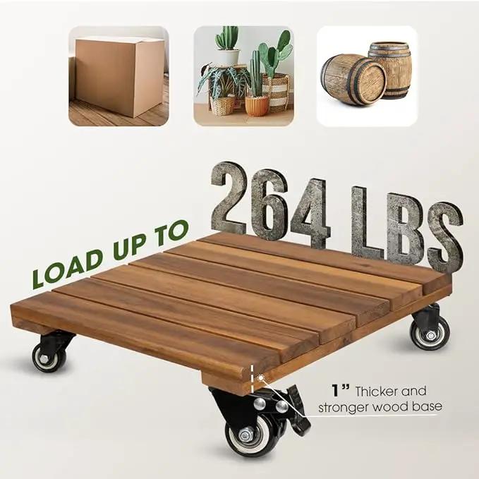 Idzo 2-Pack 14 Inch Wood Plant Caddy with Wheels Heavy Duty, 264 lbs Acacia Hardwood Plant Caster Dolly Rolling Stand with 360° Lockable Wheels for Heavy Plant Pots and Outdoor Use by GreenHaven Gardens