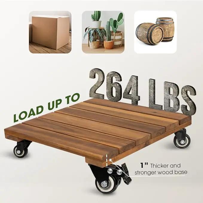 2pack Wood Plant Caddy With Wheels Heavy Duty, 264 Lbs Capacity, 12 Inch Acacia Hardwood Plant Dolly, Plant Stand with 360° Lockable Wheels for Plant Pots, Heavy Objects Hauling - Natural Wood by GreenHaven Gardens