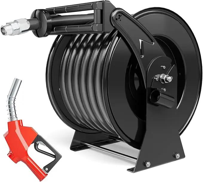 Retractable Fuel Hose Reel 1" x 50' with Fueling Nozzle, 300 PSI Heavy Duty Steel Construction Industrial Auto Swivel Spring Driven Diesel Hose Reel for Aircraft Ship Vehicle Tank Truck, Black by GreenHaven Gardens