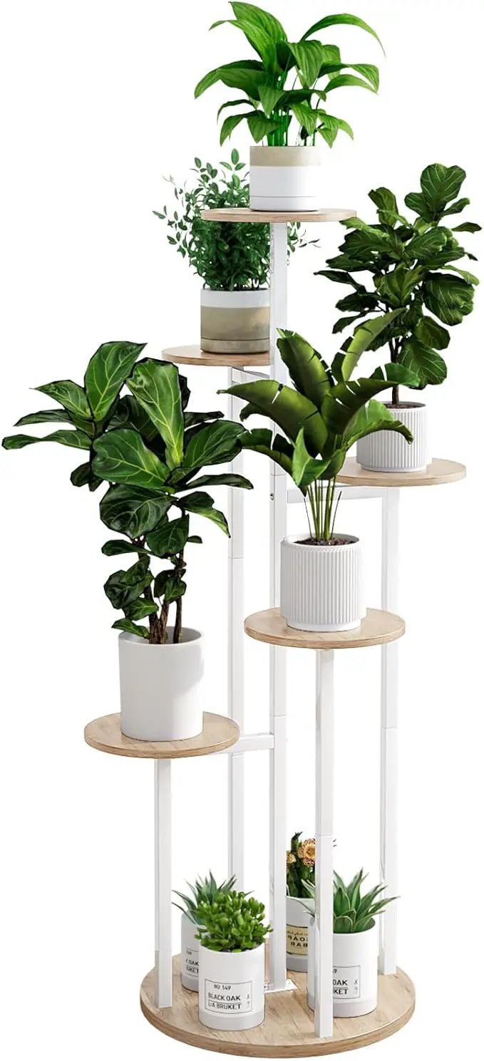 Plant Stand Indoor 6 Tier 9 Potted Multiple Flower Pot Holder for Patio Garden Balcony Living Room Corner (6 Tier White+Sonoma Oak) by GreenHaven Gardens