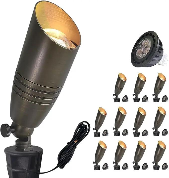 COLOER Brass Landscape Spotlights, 12 Pack Landscape Light Fixture with 5W Aluminum Housing MR16 LED Bulb 2700K 450LM, 12V AC/DC Low Voltage Outdoor Spot Lighting, Uplight for Garden and Patio(102B) by GreenHaven Gardens