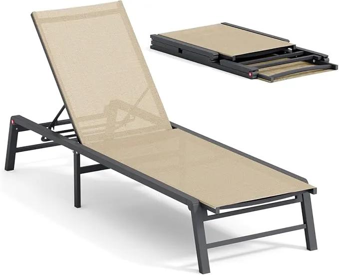 Chaise Lounge Chair Outdoor Aluminum Patio Lounge Chair with 5 Adjustable Positions Folding Pool Lounge Chairs Assemble-Free Beach Lounge Chair for Patio, Pool, Indoor and Outdoor Flaxen by GreenHaven Gardens