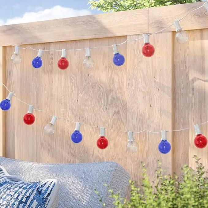 4th of July Decorations String Lights, 25Ft Outdoor Patio String Lights with 27 G40 Red White and Blue Light Bulbs(2 Spare), Independence Day Lights for Patriotic Party Garden Festival Decor- White by GreenHaven Gardens