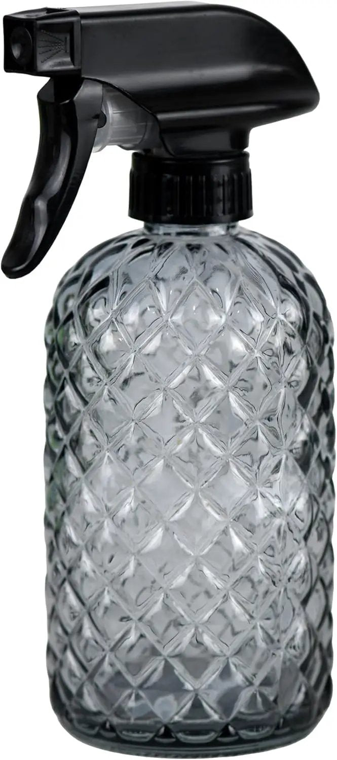 12Oz Glass Plant Spray Bottle, Gem Pattern Glass Sprayer, Watering Can with Black Plastic Top Pump, Handheld Watering Can for Indoor Outdoor Potted Plants and Greenery (Grey) by GreenHaven Gardens