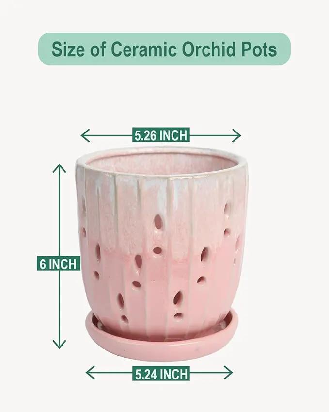 vensovo 6 Inch Ceramic Orchid Pot - Orchid Pot with Holes for Repotting, Ceramic Planter with Saucer for Indoor/Outdoor Plants, Pink by GreenHaven Gardens
