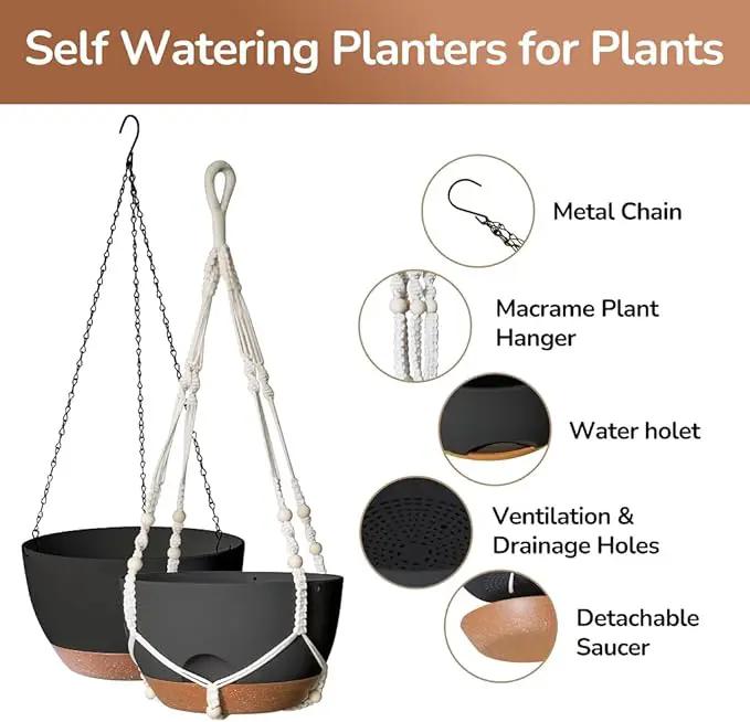 12 Inch Hanging Baskets for Plants Outdoor, Hanging Planters for Indoor Outdoor Plants, Hanging Planter with Self Watering, Hanging Flower Pots (Black Planter with Macrame + Iron Hangers) by GreenHaven Gardens