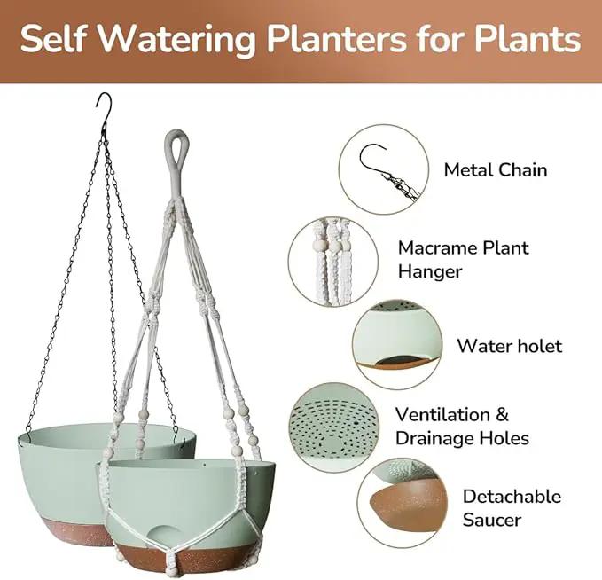 12 Inch Hanging Baskets for Plants Outdoor, Hanging Planters for Indoor Outdoor Plants, Hanging Planter with Self Watering, Hanging Flower Pots (Green Planter with Macrame + Iron Hangers) by GreenHaven Gardens