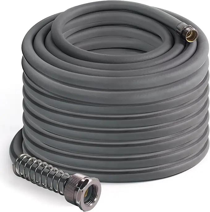 5/8’’ Heavy Duty Garden Hose 100 ft – Outdoor Hybird Water Hose with Solid Fitting - Flexible, Kinkless, Lightweight Garden Hose for Lawn Watering, Car Washing - Burst 500 Psi (Grey,150 ft) by GreenHaven Gardens
