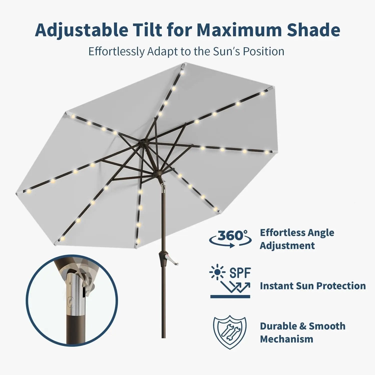 9FT Solar Umbrella 32 LED Lighted Patio Umbrella Table Market Umbrella w/Tilt and Crank, UV-Resistant Outdoor Umbrella for Pool, Garden, Deck, Light Gray by GreenHaven Gardens