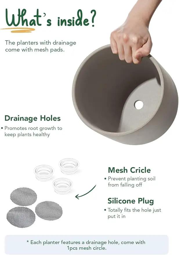 LE TAUCI 6+8+10 Inch Plant Pots Indoor, Ceramic Planters for Indoor Plants, Cylinder Pots with Drainage Hole and Plug, Planter Pots for Home Office Room Patio, Set of 3, Neutral Gray by GreenHaven Gardens