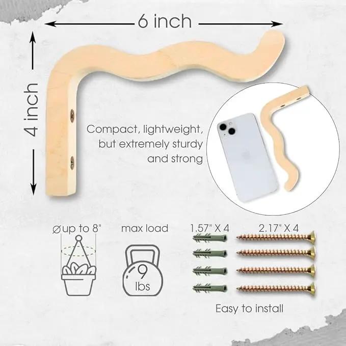 2-Piece Set of Wavy Wooden Wall Planters for Indoor Plants 6 Inch - Natural Plant Hook for Wall Plant, Wind Chimes, Flower Brackets, Patio Garden Decorations - Bracket Plant Hanger (Natural) by GreenHaven Gardens