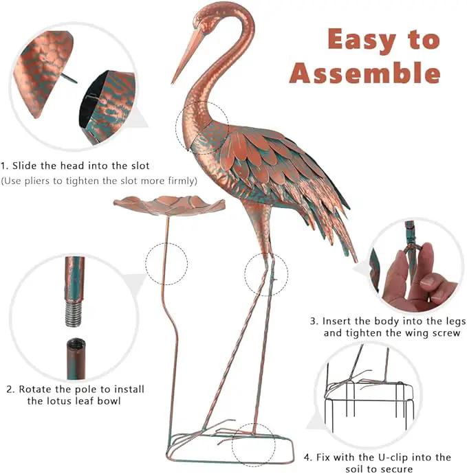 42'' Crane Garden Statue, Heron Outdoor Statue & Sculpture with Lotus Leaf, Metal Heron Yard Art Decor for Garden, Yard, Lawn, Pond (Brown & Blue)