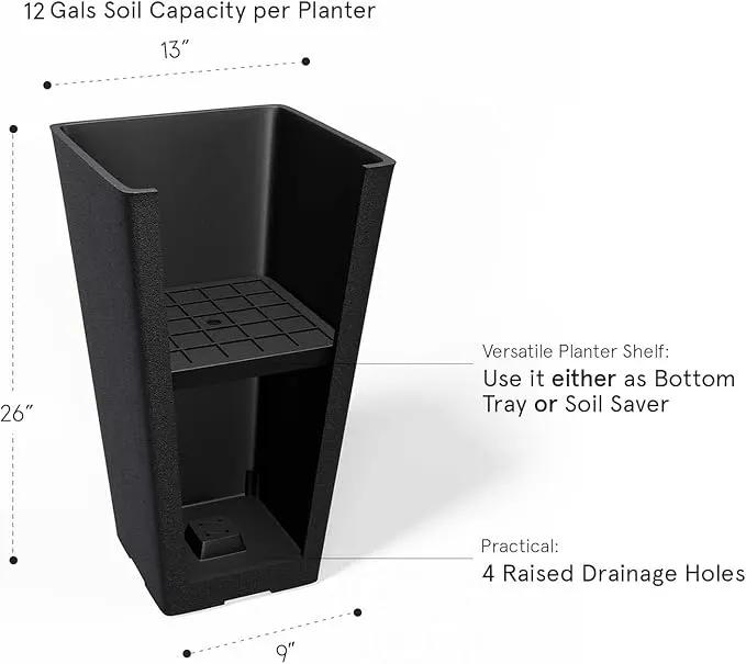LA JOLIE MUSE 26 inch Tall Black Planters for Outdoor Plants,Set of 2 Tapered Planters with Trays,V-Shape Rectangular Garden Planters for Front Door, Patio and Deck by GreenHaven Gardens