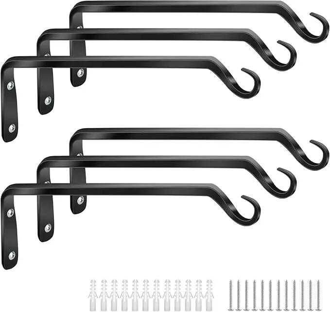 Worth Garden 6-Pack 10" Plant Hanger Bracket - Forged Wrought Iron Powder-Coated Heavy Duty Wall Hook - Black Plant Hanging Hooks - Durable and Stable for Bird Feeders, Planters Indoor & Outdoor by GreenHaven Gardens