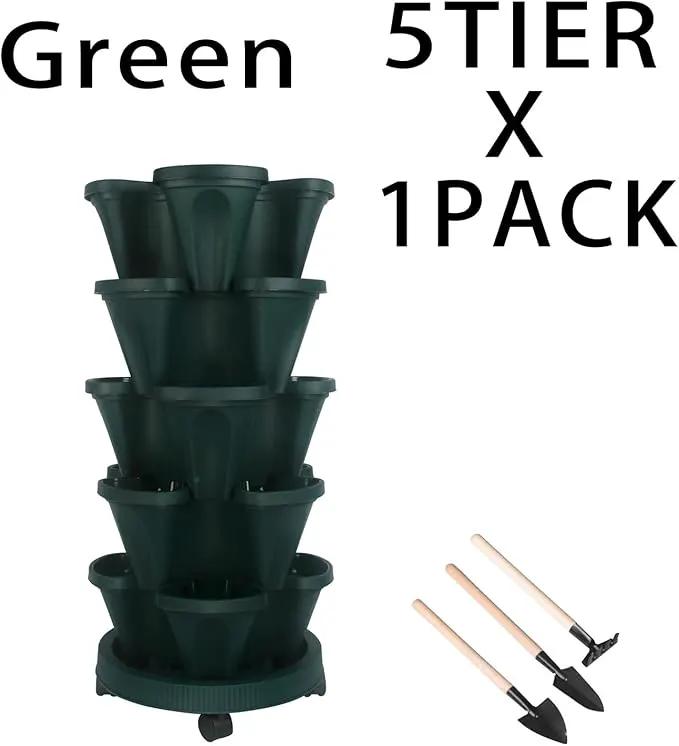 Vertical Planter 5 Tier Stackable Planters Garden Planters Strawberry Herb Flower and Vegetable Planter Indoor Outdoor Gardening Pots with Removable Wheels and Tools by GreenHaven Gardens