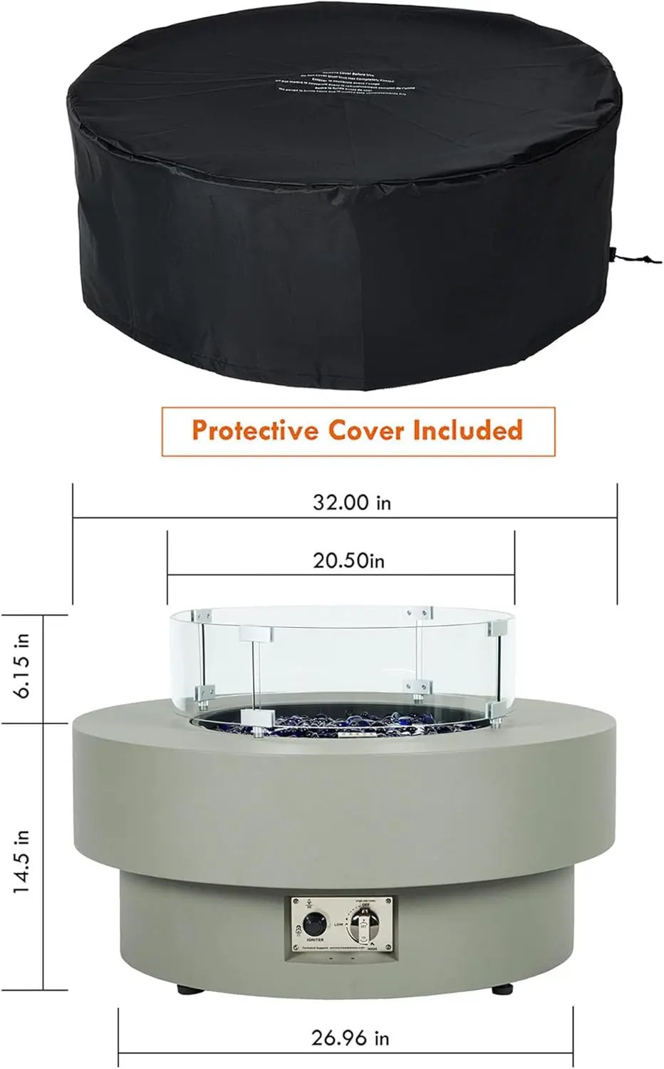 32.5-inch Outdoor Gas Fire Pit Table with Natural Gas Conversion Kit & Wind Glass Shield, 50,000BTU Propane Gas Fire Pits for Outside Patio w/Round Burner Lid, Glass Rocks, Cover by GreenHaven Gardens