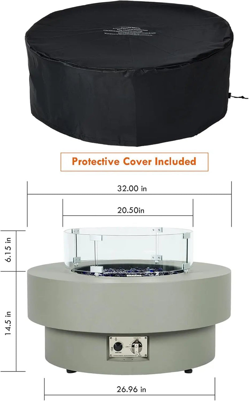 32.5-inch Outdoor Gas Fire Pit Table with Natural Gas Conversion Kit & Wind Glass Shield, 50,000BTU Propane Gas Fire Pits for Outside Patio w/Round Burner Lid, Glass Rocks, Cover by GreenHaven Gardens