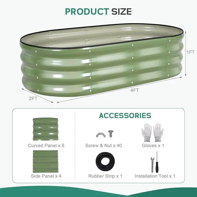 Galvanized Raised Garden Bed Outdoor - 4×2×1ft Planter Raised Beds for Gardening | Oval Metal Garden Planter Box with Safety Edging and Gloves for Vegetables Fruits and Flowers OliveGreen by GreenHaven Gardens