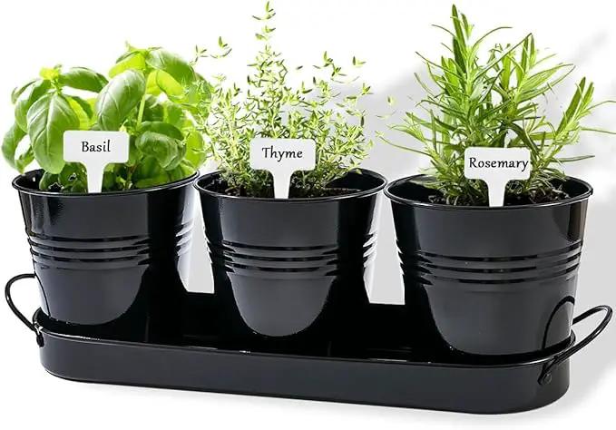 vensovo Indoor Herb Planter Set - Galvanized Windowsill Garden Pots with Tray & Drainage, Set of 3 Metal Window Planters for Kitchen & Outdoor Use, Black by GreenHaven Gardens