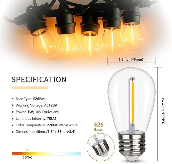 S14 Replacement LED Light Bulbs, Shatterproof & Waterproof 1W S14 LED Bulbs, Outdoor String Lights , E26 Base Patio Edison LED Light Bulbs, Warm White 2200K Plastic 70ML Non-Dimmable 25 Pack by GreenHaven Gardens